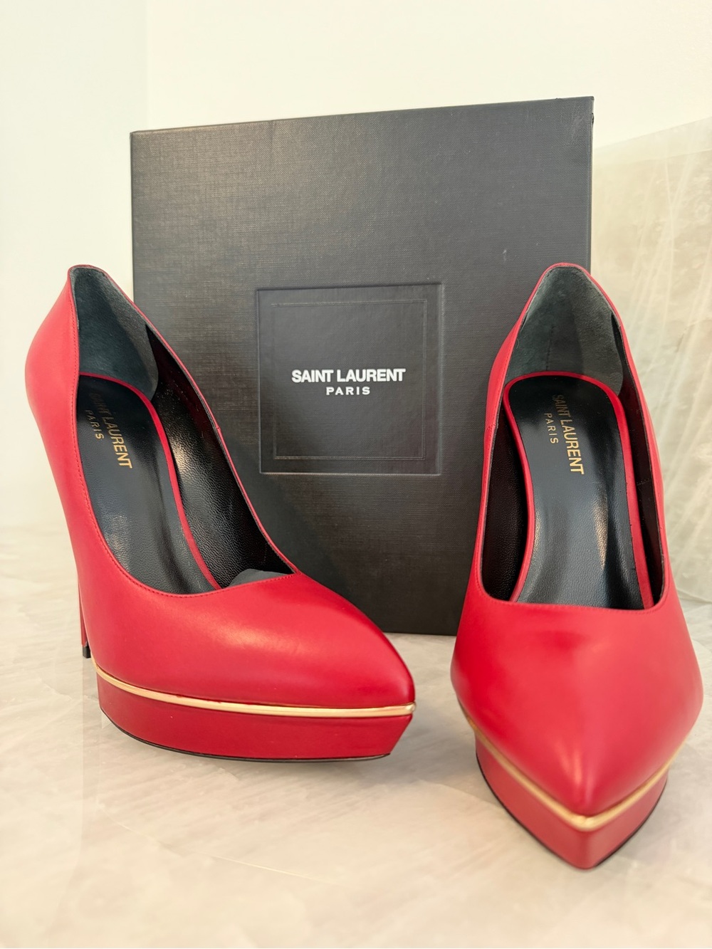 Saint Laurent Red Leather Pointed Platform Pumps with Gold Trim